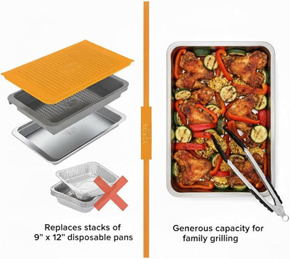 Grill Prep Tray Set, Stainless Serving Platter, Marinade Tub | Marinating container with lid, grilling tray and grill tray for outdoor grill, 18 x 11.4 in, dishwasher safe
