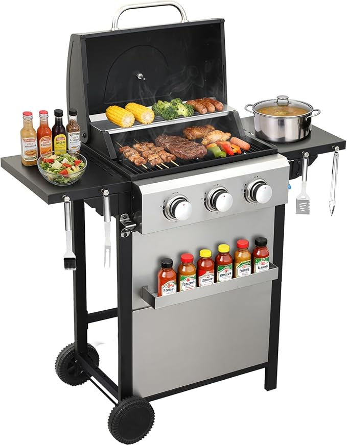 3 Burner Propane Gas Grill, 30,000 BTU Stainless Steel Outdoor BBQ Grill with 322 Sq. In. Cooking Area & 2 Foldable Side Shelves, Patio Cookout Essentials for Backyard