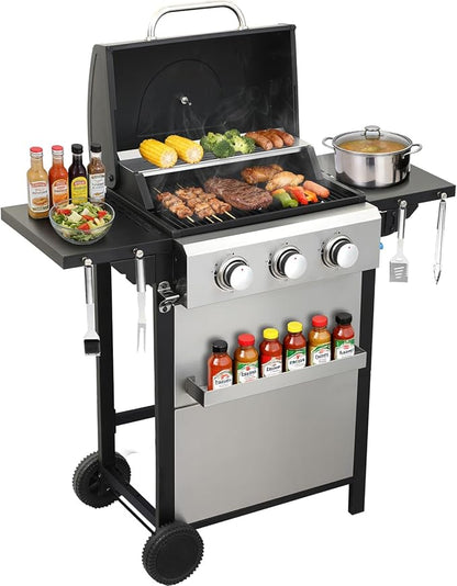 3 Burner Propane Gas Grill, 30,000 BTU Stainless Steel Outdoor BBQ Grill with 322 Sq. In. Cooking Area & 2 Foldable Side Shelves, Patio Cookout Essentials for Backyard
