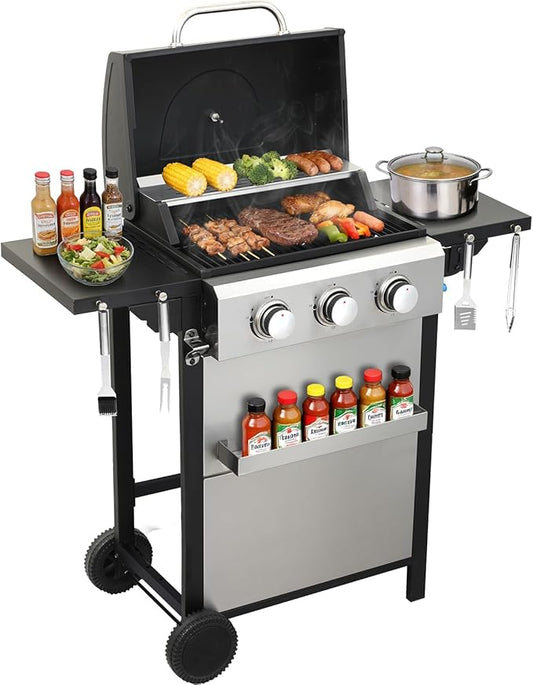 3 Burner Propane Gas Grill, 30,000 BTU Stainless Steel Outdoor BBQ Grill with 322 Sq. In. Cooking Area & 2 Foldable Side Shelves, Patio Cookout Essentials for Backyard