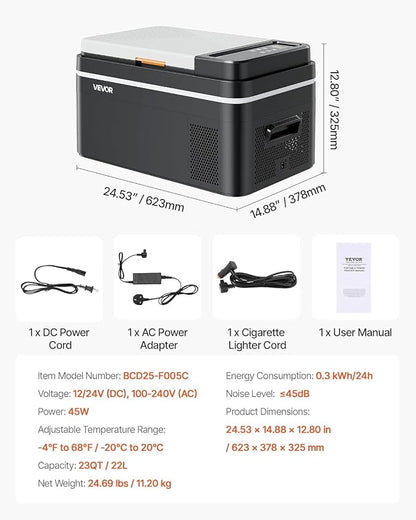 VEVOR Car Refrigerator, DC 12/24V AC100-240V Compressor Electric Cooler, -4°F to 68°F Car Fridge with APP Control, 23 QT Cars Freezer for RVs, Campsites, Boats, Camping, Fishing, 45W Portable Freezer