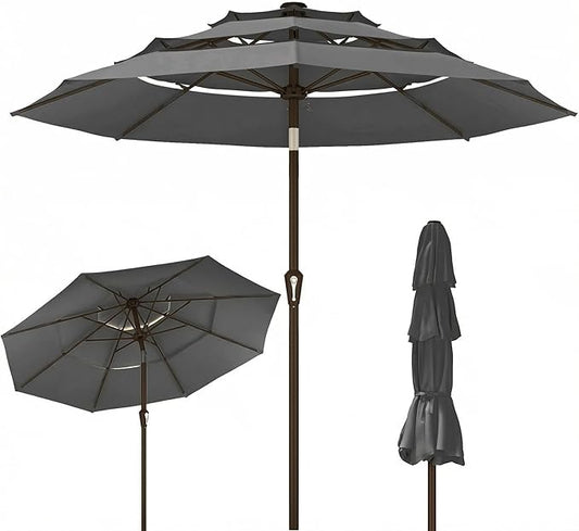 Kingdura 10ft 3-Tier Patio Umbrella, Outdoor Table Umbrella with Easy Crank & Tilt, 8 Reinforced Ribs, UV Protection for Deck, Pool, Market, Backyard (Grey)