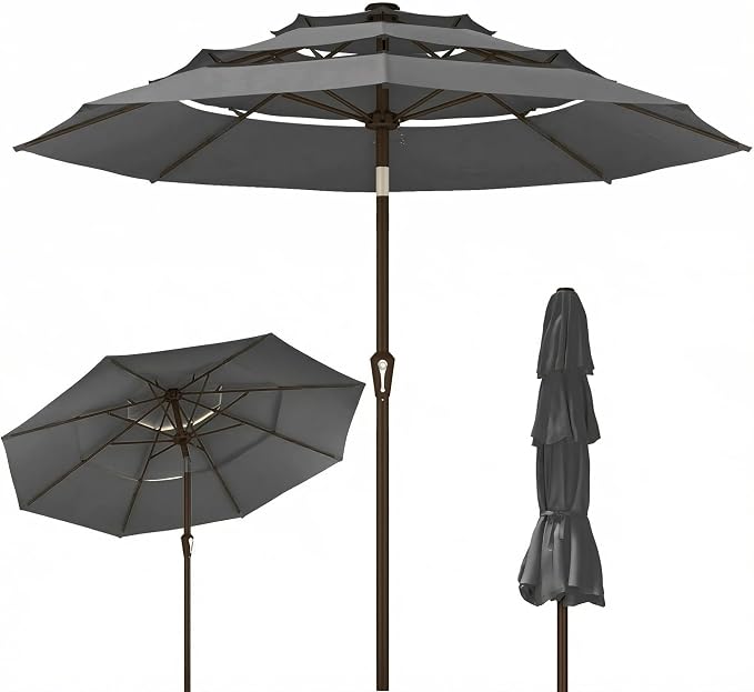 Kingdura 9ft 3-Tier Patio Umbrella, Outdoor Table Umbrella with Easy Crank & Tilt, 8 Reinforced Ribs, UV Protection for Deck, Pool, Market, Backyard (Grey)