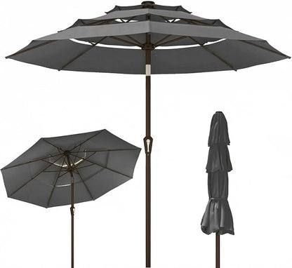 Kingdura 9ft 3-Tier Patio Umbrella, Outdoor Table Umbrella with Easy Crank & Tilt, 8 Reinforced Ribs, UV Protection for Deck, Pool, Market, Backyard (Grey)