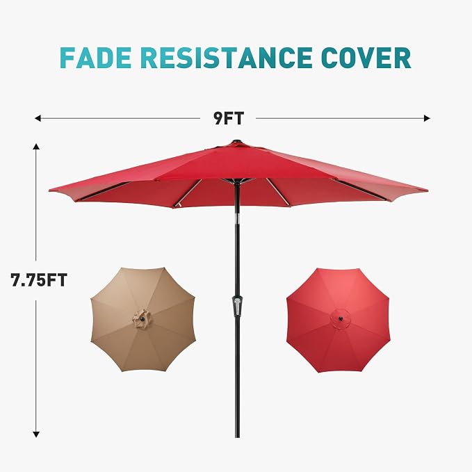 OLIXIS 9ft Patio Table Umbrella, Outdoor Patio Umbrella with Tilt for Pool | 9 Feet Patio Umbrella with Crank Button 8 Sturdy Ribs, Waterproof Sun Shade Umbrella for Market Beach Terrace Restaurant