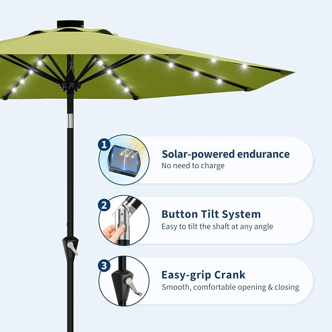 Garvee patio Umbrella with Solar Lights, Outdoor Table Umbrella with 8 Durable Ribs, Tilt & Crank Mechanism, Waterproof & UV Protection for Garden, Backyard, Poolside