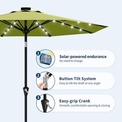 Garvee patio Umbrella with Solar Lights, Outdoor Table Umbrella with 8 Durable Ribs, Tilt & Crank Mechanism, Waterproof & UV Protection for Garden, Backyard, Poolside