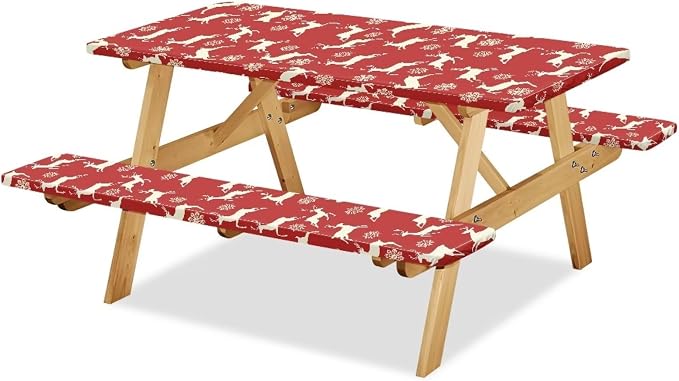 Xmas Picnic Table Cover with Bench Covers 3 PCS Christmas Reindeer Snowflake Fitted Picnic Table Cover for Outdoor Camping Accessories