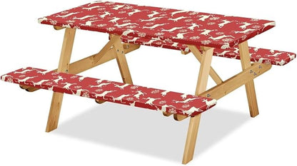 Xmas Picnic Table Cover with Bench Covers 3 PCS Christmas Reindeer Snowflake Fitted Picnic Table Cover for Outdoor Camping Accessories