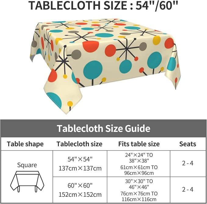 Mid Century Fifties Modern Atomic Retro Colors Tablecloth Washable Waterproof Yellow Table Cover for Kitchen Dining Room Picnic Party BBQ Wedding, Square 60" Table Cloth