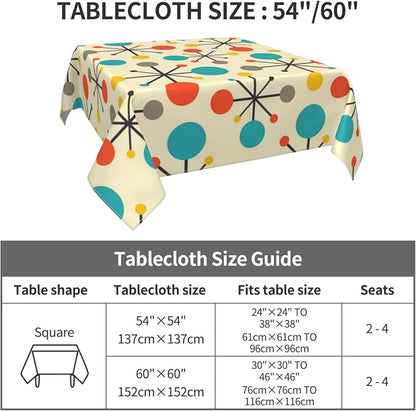 Mid Century Fifties Modern Atomic Retro Colors Tablecloth Washable Waterproof Yellow Table Cover for Kitchen Dining Room Picnic Party BBQ Wedding, Square 60" Table Cloth
