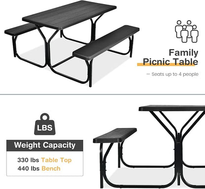 COSTWAY Outdoor Picnic Table, HDPE Plastic Picnic Table Bench Set | Weather Resistant Tabletop & Wood Texture, Ideal for Patio, Backyard (59" D x 54" W x 28.5" H,Black)
