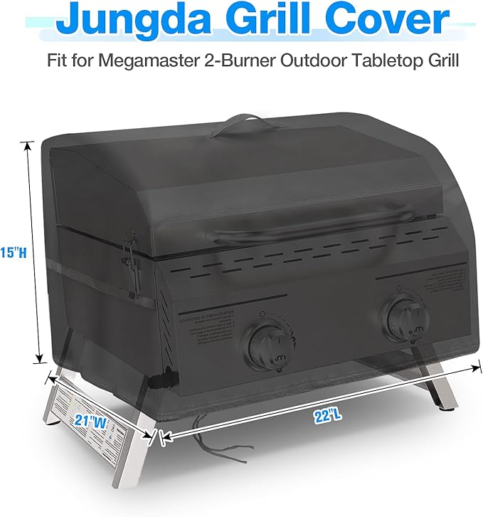 Portable Grill Cover for Megamaster 2-Burner Propane Outdoor Tabletop Grill, Waterproof Small Table Top BBQ Grill Cover, Heavy Duty 600D Outdoor Tabletop Grill Cover