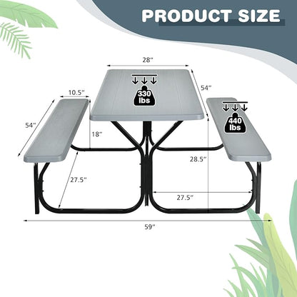 Picnic Table, Outdoor Dining Table with 2 Benches, Wood Grain Tabletop, Heavy Duty Metal Frame, Portable Picnic Table for Outdoors Backyard Garden Lawn Patio Poolside Deck (Grey)
