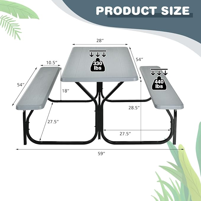 COSTWAY Outdoor Picnic Table, HDPE Plastic Picnic Table Bench Set | Weather Resistant Tabletop & Wood Texture, Ideal for Patio, Backyard (59" D x 54" W x 28.5" H,Grey)