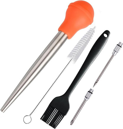 Turkey Baster Set of 5, Turkey Baster Syringe for Cooking, Meat Injector Baster &2 Needles&2 Cleaning Basting Brush, 18/8 Stainless Steel Baster for Flavor Meat Poultry, Beef&Chicken Orange