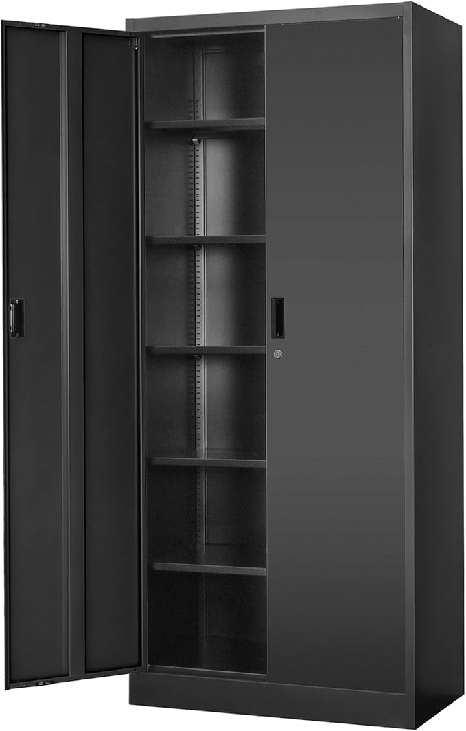 Wanfu Metal Storage Cabinet, 71”H Metal Garage Cabinet with 5 Adjustable Shelves, Locking Storage Cabinets for Garage, Home, Office, Pantry(Black)