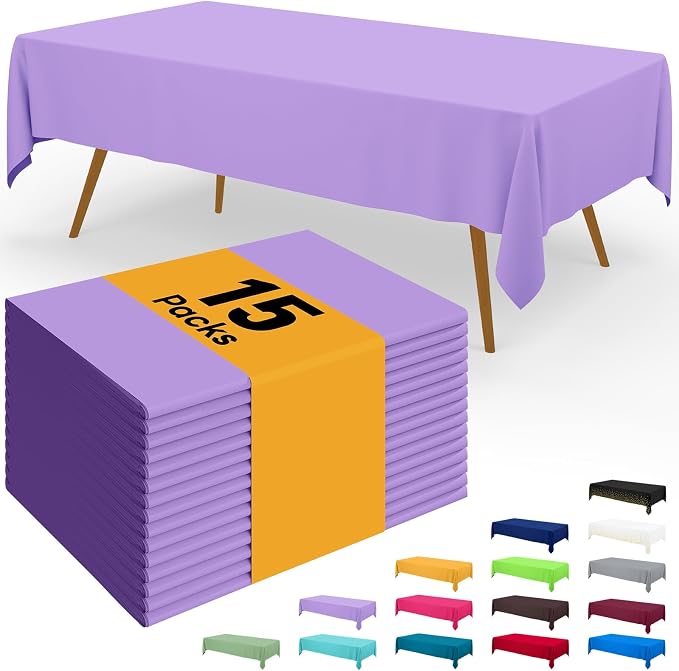 Smiry Disposable Table Cloth - 15 Pack, 54 x 108 Inch Waterproof Rectangle Tablecloths for Parties, Decorative Plastic Table Cover, Leakproof & Sturdy, Lavender
