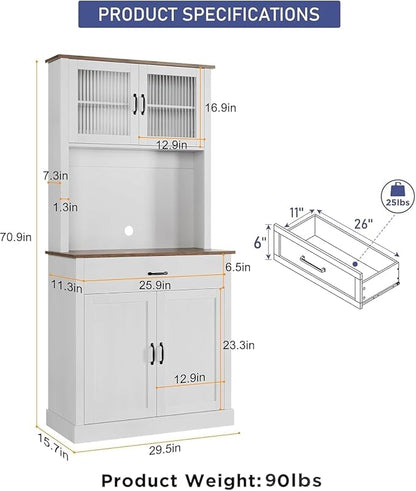 GarveeHome Kitchen Pantry Cabinet, 71 in Tall Kitchen Hutch Storage Pantry with Microwave Stand, Freestanding Buffet with Shelves and Glass Doors for Home Dining Room, White