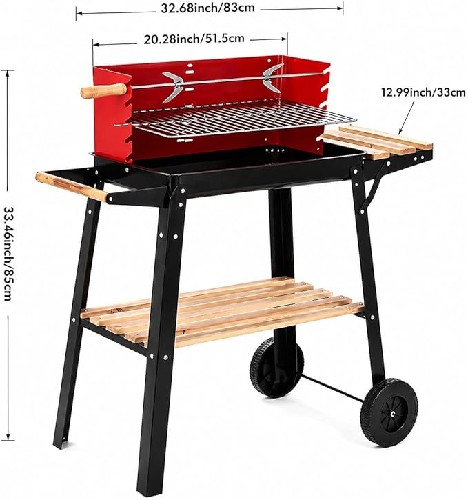Portable Outdoor BBQ Grill, Red & Black Charcoal Barbecue with Adjustable Height, Side Table & Storage Shelf, Wheels for Backyard, Patio, Camping, Family Outdoor Cooking