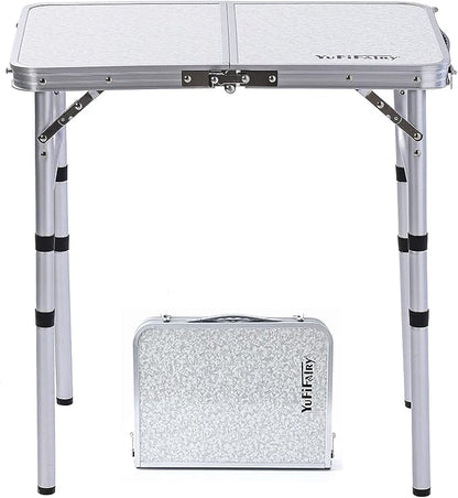 YUFIFAIRY Small Folding Table Portable, 24" L x16 W Foldable Camp Table | Lightweight Aluminum Folding Camping Table for Indoor Outdoor Cooking Picnic, 3 Adjustable Height 10"/19"/24"
