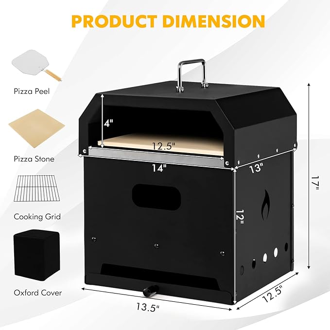 ORALNER Pizza Oven Outdoor, 4-in-1 Wood Fired Pizza Oven and Grill Combo W/ 12" Pizza Stone, Pizza Peel, Water-Proof Cover & Grill Grate, Portable Fire Pit Backyard Pizza Maker for Party, Camping