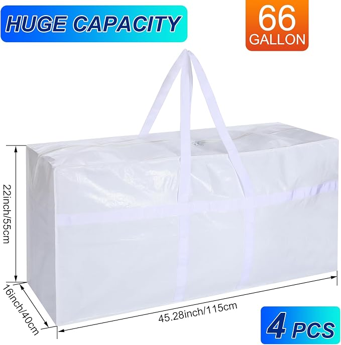 4 Pcs 66 Gallon Extra Large Moving Bags Heavy Duty Storage Bag with Strong Zipper Handle Foldable XXL Jumbo Storage Tote Packing Moving Box for College Dorm Travel Cloth Duffle (White)