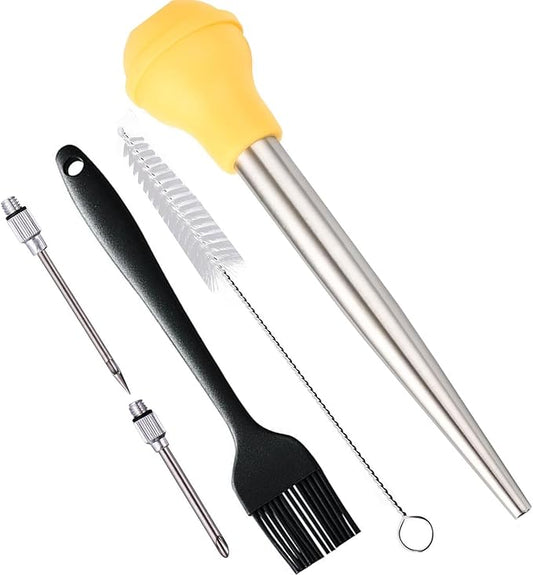 Yellow Turkey Baster, 18/8 Stainless Steel Baster Syringe Meat Injector Baster Set with 2 Needles&2 Cleaning Basting Brush, Turkey Baster for Flavor Meat Poultry, Beef & Chicken Cooking