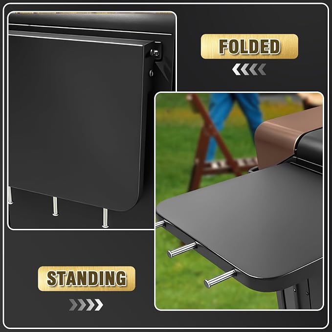 Folding Side Shelf for Pit Boss Copperhead 1300 PBV4NX 4 Series Smoker | 12.8 x 11 in Heavy-Duty Steel Prep Table with 3 Tool Hooks, Foldable Design for Extra Workspace and Easy Storage