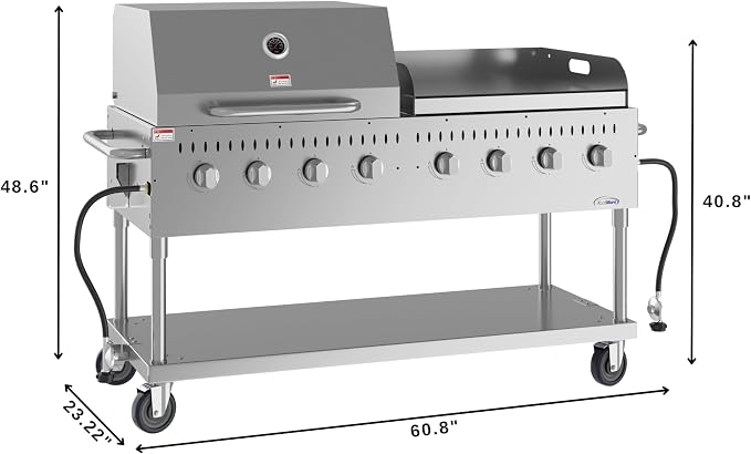 60 in. 8-Burner Commercial Outdoor Propane Gas Grill with 30 in. Roll Dome Cover and 30 in. Griddle in Stainless-Steel, ETL Listed (CGKIT6-D30G30)