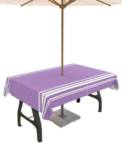 Farmhouse Outdoor Tablecloth with Umbrella Hole, Purple White Stripe Rectangle Tables Zippered Table Cloth Waterproof Tabletop Table Cover Collection for Patio, Garden, Picnic, Camping, Dining