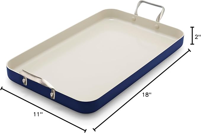 GreenPan 18" x 11" Double Burner Griddle Pan, Hard Anodized Healthy Ceramic Nonstick PFAS-Free, Stainless Steel Handles, Stovetop Cooking, Dishwasher Safe, Oven & Broiler Safe Cookware, Oxford Blue