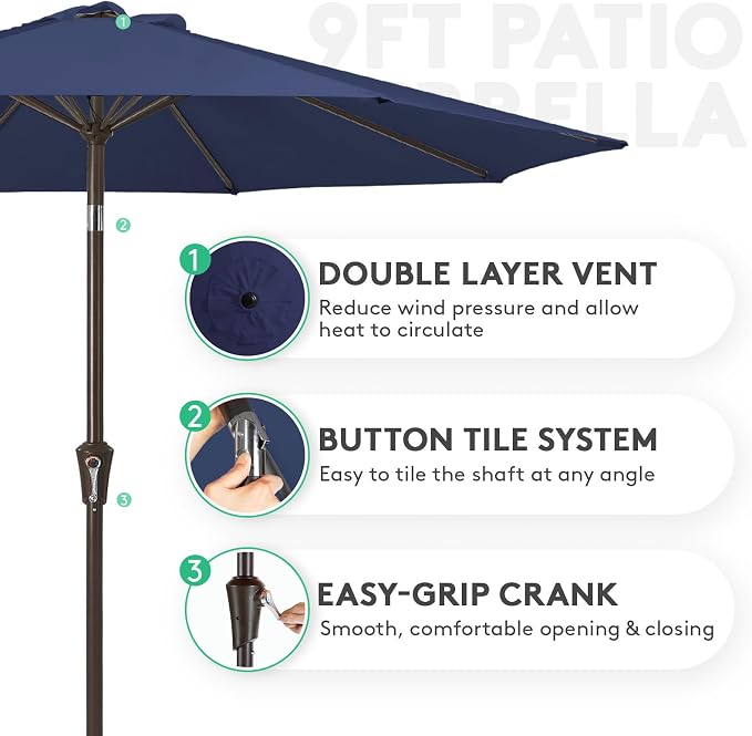 JEAREY 9FT Outdoor Patio Umbrella, Market Umbrella, Deep Blue | Outdoor Table Umbrellas with 8 Sturdy， Tilt & Crank UV Protection Waterproof for Garden, Deck, Backyard, Pool