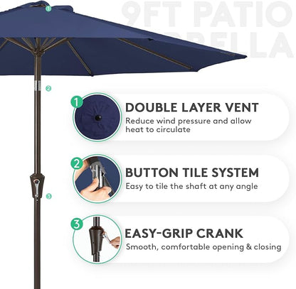 JEAREY 9FT Outdoor Patio Umbrella, Market Umbrella, Deep Blue | Outdoor Table Umbrellas with 8 Sturdy， Tilt & Crank UV Protection Waterproof for Garden, Deck, Backyard, Pool