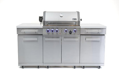 Mont Alpi Premium 70"W x 24"D Stainless Steel Compact Outdoor Kitchen Island with Access Doors + 32"W 4-Burner BBQ Gas Grill with Infrared Rear Burner + Storage Cabinets + White Granite Countertops