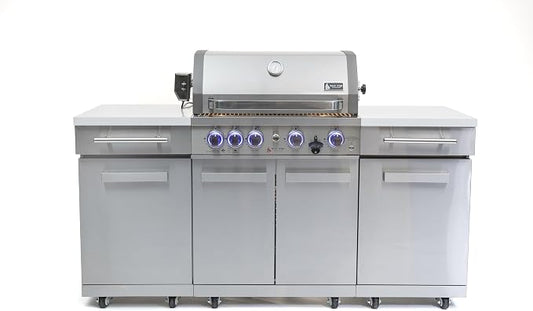 Mont Alpi Premium 70"W x 24"D Stainless Steel Compact Outdoor Kitchen Island with Access Doors + 32"W 4-Burner BBQ Gas Grill with Infrared Rear Burner + Storage Cabinets + White Granite Countertops