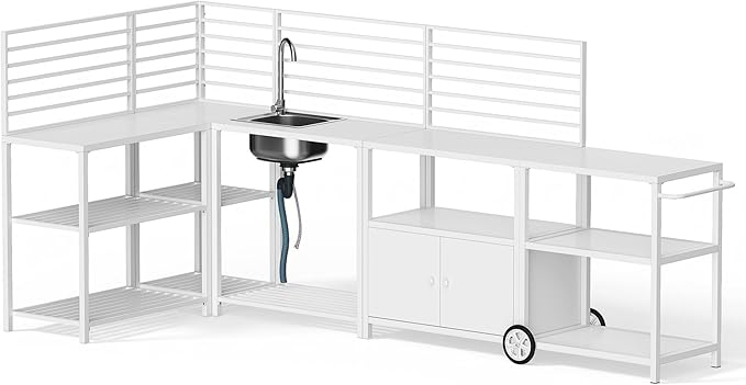 Vikiullf Aluminum Modular Outdoor Kitchen Island with Stainless Steel Sink, Movable Cart and Storage Cabinet, for Backyard BBQ, Porch Party (White Corner)
