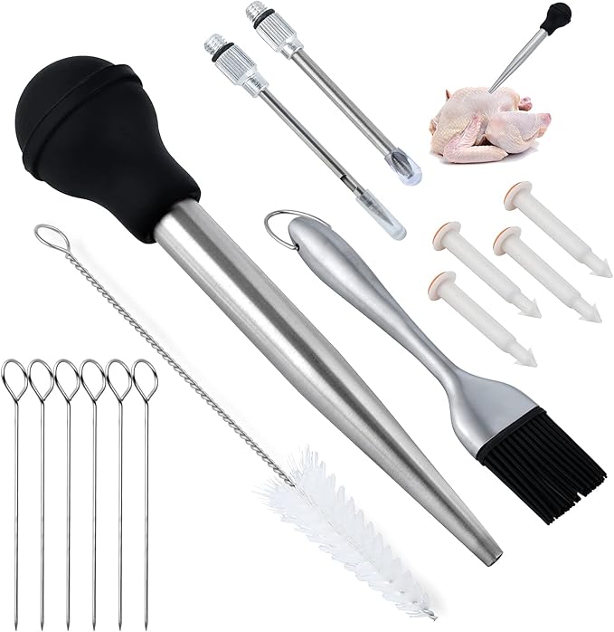 Turkey Baster Set w/Timer and Lacer – Stainless Steel Turkey Baster with Silicone Bulb, 2xPump Flavor Injectors, Silicone Brush, Pop-Up Timer, Turkey Lacer and Cleaning Brush, A Must For Thanksgiving