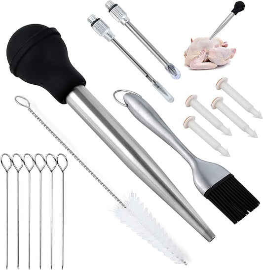 Turkey Baster Set w/Timer and Lacer – Stainless Steel Turkey Baster with Silicone Bulb, 2xPump Flavor Injectors, Silicone Brush, Pop-Up Timer, Turkey Lacer and Cleaning Brush, A Must For Thanksgiving