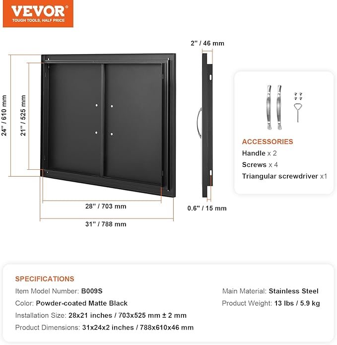 VEVOR BBQ Access Door, 788x610 mm Double Outdoor Kitchen Door, Cold Plate Flush Mount Doors, Wall Vertical Doors with Handles, for BBQ Island, Grilling Station (Stainless Steel + Oil-Sprayed Product)
