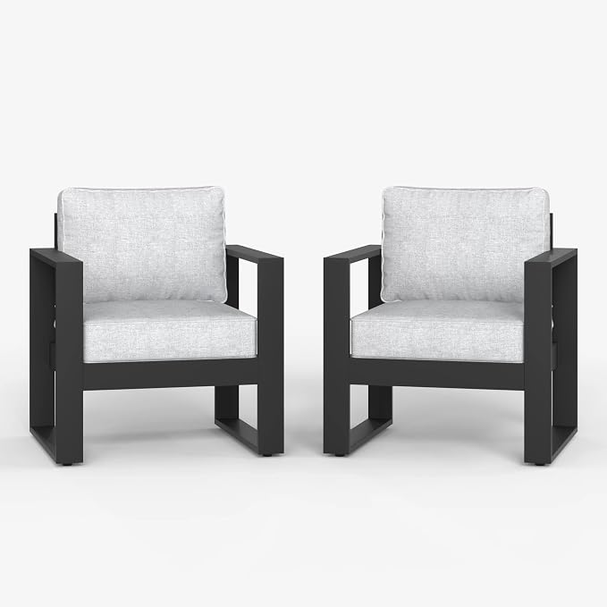 LayinSun Outdoor Patio Aluminum Chair, Metal Modern Armchair Set of 2 with Washable Thick Cushions