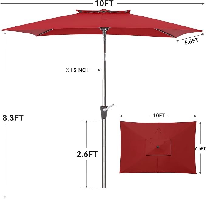 6.6 x 10 ft Rectangular Patio Umbrella, Outdoor Market Table Umbrella with Push Button Tilt and Crank, Double-Tier Vent, 6 Ribs, Rectangle Patio Umbrella for Backyard, Deck, Pool, Fits 4–6 Chairs and Tables (Wine Red)