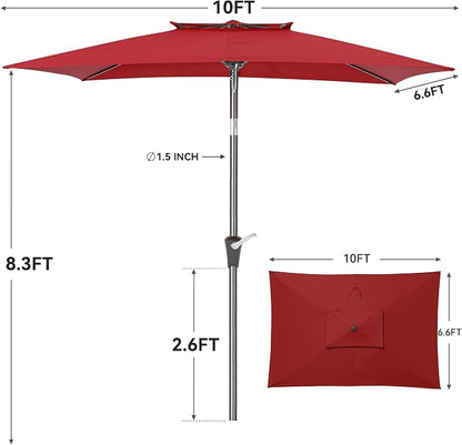 6.6 x 10 ft Rectangular Patio Umbrella, Outdoor Market Table Umbrella with Push Button Tilt and Crank, Double-Tier Vent, 6 Ribs, Rectangle Patio Umbrella for Backyard, Deck, Pool, Fits 4–6 Chairs and Tables (Wine Red)