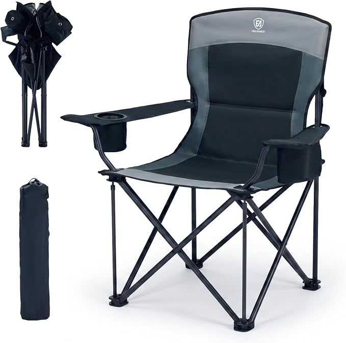 EVER ADVANCED Folding Camping Chair with Cup Holder, Oversized Padded Heavy Duty Lawn Chair, Sturdy Build Supports 400lbs for Adults, Outdoor Fishing & Sports, Black