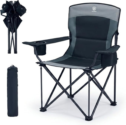 EVER ADVANCED Folding Camping Chair with Cup Holder, Oversized Padded Heavy Duty Lawn Chair, Sturdy Build Supports 400lbs for Adults, Outdoor Fishing & Sports, Black