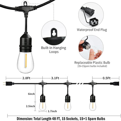 48FT Outdoor String Lights LED Heavy-Duty Waterproof Patio Lights | 15+1 Shatterproof Plastic Bulbs,2200K Warm White Bistro lights for Patio Gazebo Pergola Cafe Market
