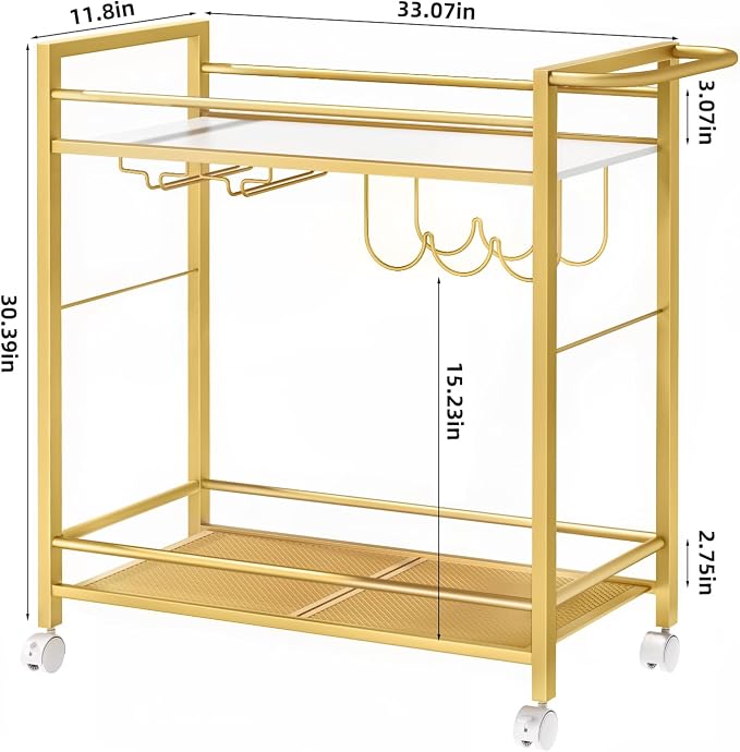 Joaxswe Bar Cart w/Wheels,2 Tier Home Bar Serving Cart,Flowing Gold | Rolling Beverage Cart w/ Wine Rack and Glass Holder,Modern Wine Cart w/ Storage Shelves for Kitchen, Living Room,Dinning Room