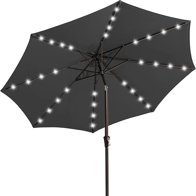 JEAREY 9FT Outdoor Patio Umbrella with Solar Lights, LED Lighted Pool Umbrella with Tilt and Crank, Outdoor Table Umbrellas for Deck, Yard & Market (Grey)