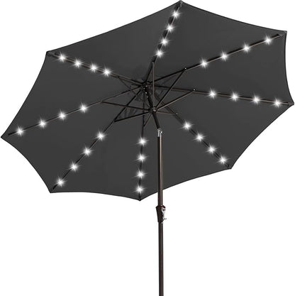 JEAREY 9FT Outdoor Patio Umbrella with Solar Lights, LED Lighted Pool Umbrella with Tilt and Crank, Outdoor Table Umbrellas for Deck, Yard & Market (Grey)