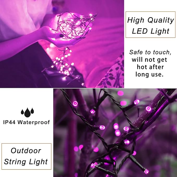 Pooqla Purple Halloween Lights, 200 LED 66 ft Outdoor Halloween String Lights, 8 Modes Waterproof Decorative LED Purple Fairy Lights for Home Yard Patio Wedding Room Party Decoration